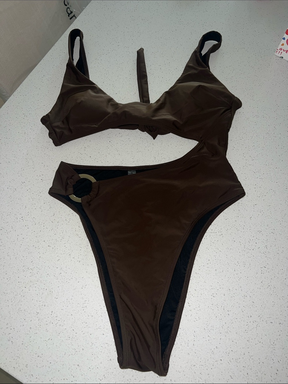 Chocolate Brown One-Piece Swimsuit with Gold Ring Accent